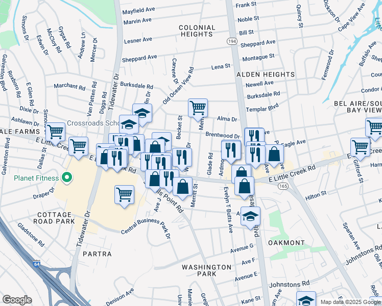 map of restaurants, bars, coffee shops, grocery stores, and more near 7944 Westcliff Drive in Norfolk
