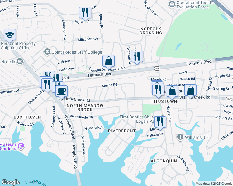 map of restaurants, bars, coffee shops, grocery stores, and more near 7720 Dunfield Place in Norfolk