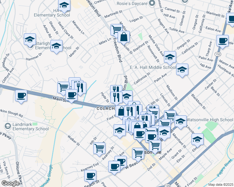 map of restaurants, bars, coffee shops, grocery stores, and more near 16 Eastern Drive in Watsonville