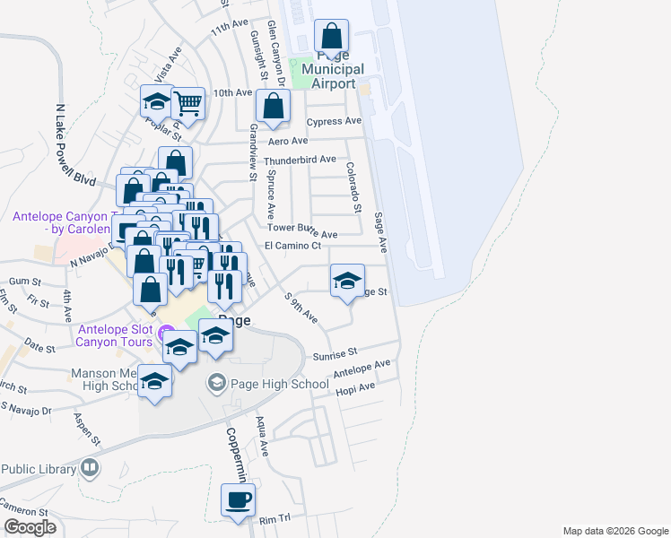 map of restaurants, bars, coffee shops, grocery stores, and more near 849 South Navajo Drive in Page
