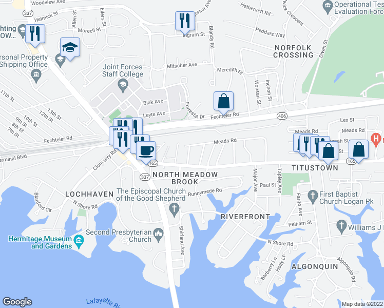 map of restaurants, bars, coffee shops, grocery stores, and more near 7710 North Shirland Avenue in Norfolk