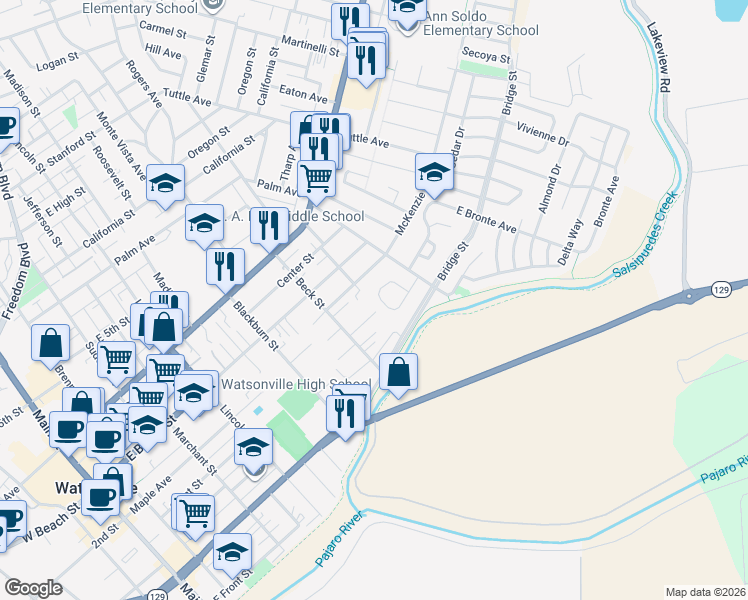 map of restaurants, bars, coffee shops, grocery stores, and more near 530 Argos Circle in Watsonville
