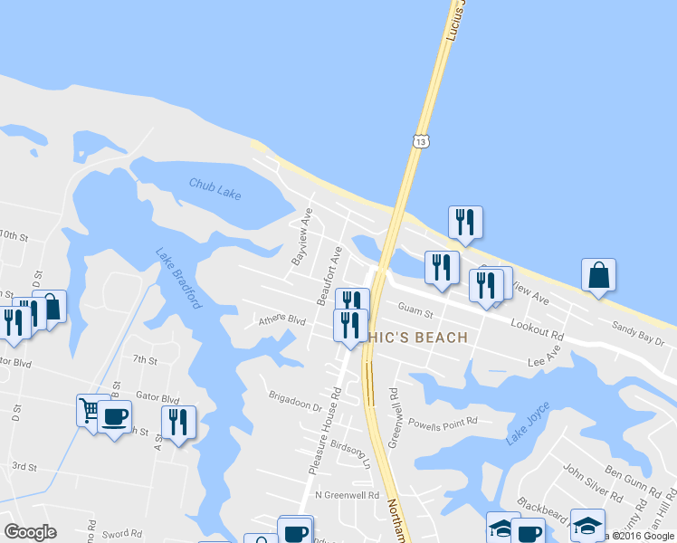 map of restaurants, bars, coffee shops, grocery stores, and more near 2504 Beaufort Avenue in Virginia Beach
