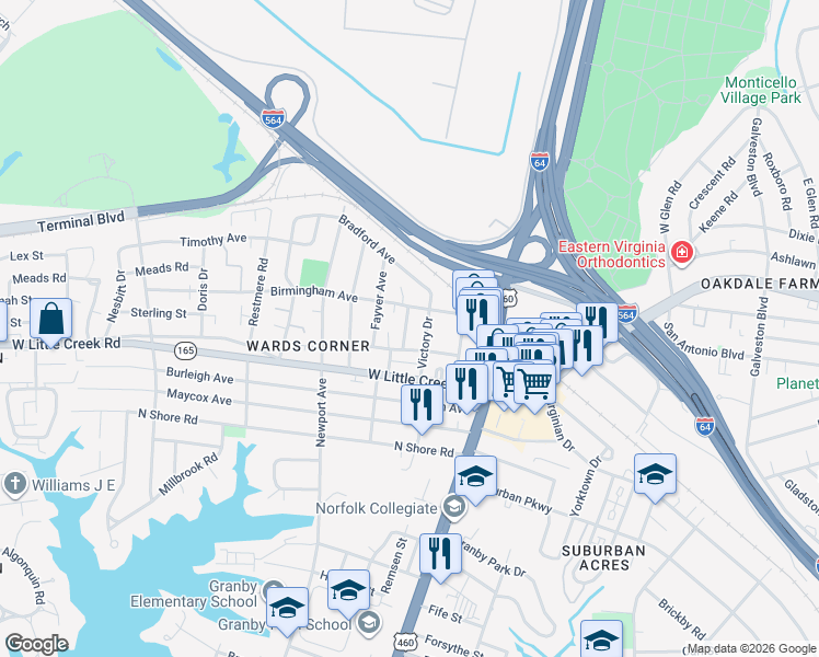 map of restaurants, bars, coffee shops, grocery stores, and more near 7611 Bondale Avenue in Norfolk