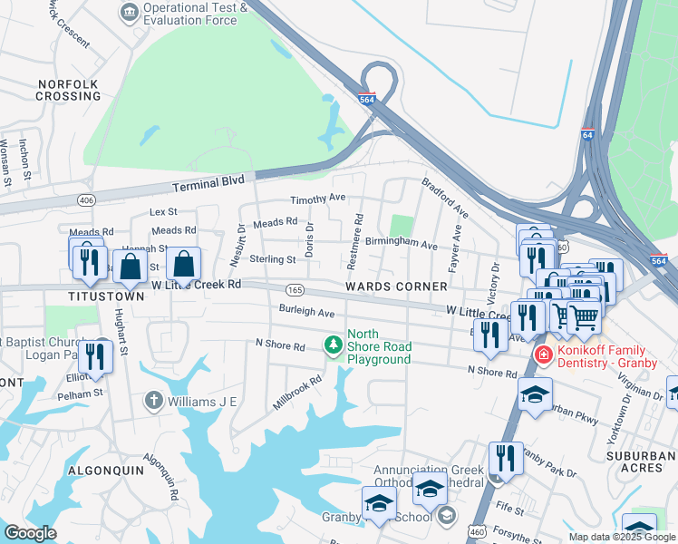 map of restaurants, bars, coffee shops, grocery stores, and more near 502 Grantham Road in Norfolk