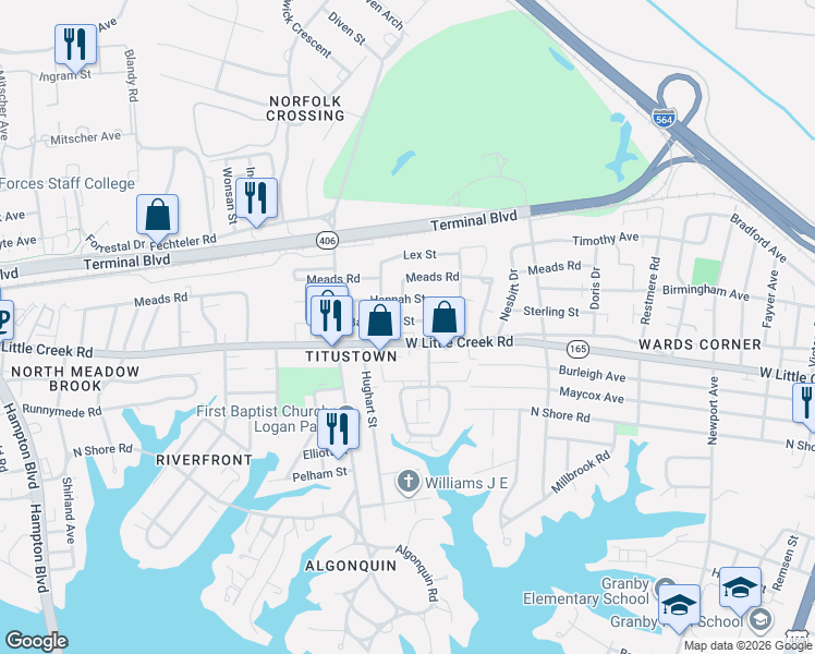map of restaurants, bars, coffee shops, grocery stores, and more near 922 West Little Creek Road in Norfolk