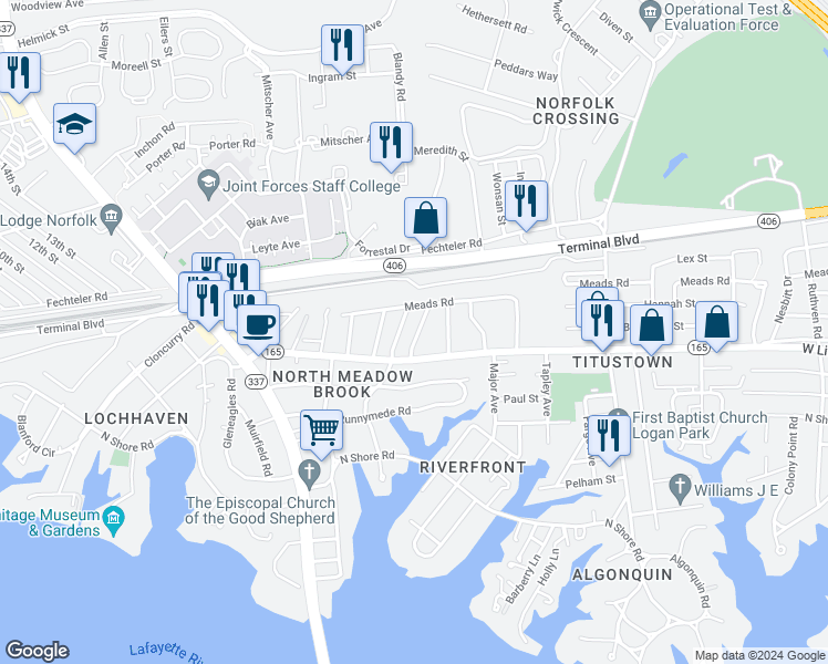 map of restaurants, bars, coffee shops, grocery stores, and more near 7708 Cortlandt Place in Norfolk