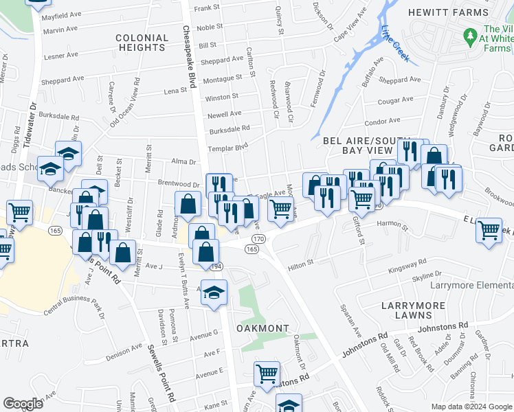 map of restaurants, bars, coffee shops, grocery stores, and more near 7942 Pythian Avenue in Norfolk