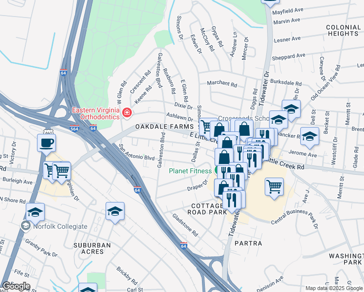 map of restaurants, bars, coffee shops, grocery stores, and more near 443 Fort Worth Avenue in Norfolk