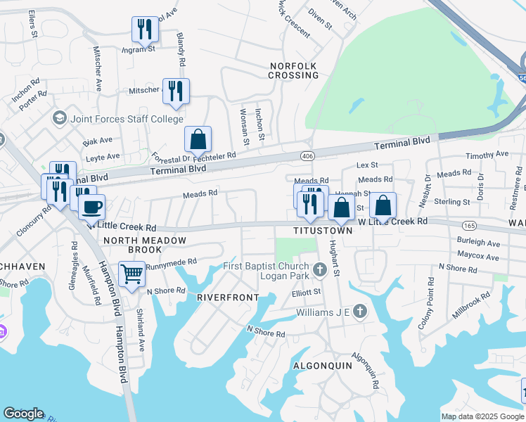 map of restaurants, bars, coffee shops, grocery stores, and more near 7732 Enfield Avenue in Norfolk