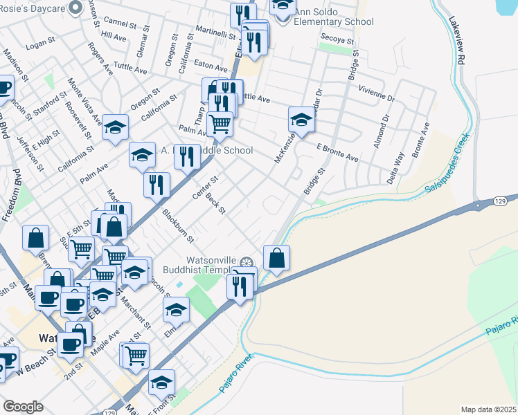 map of restaurants, bars, coffee shops, grocery stores, and more near 514 Argos Circle in Watsonville