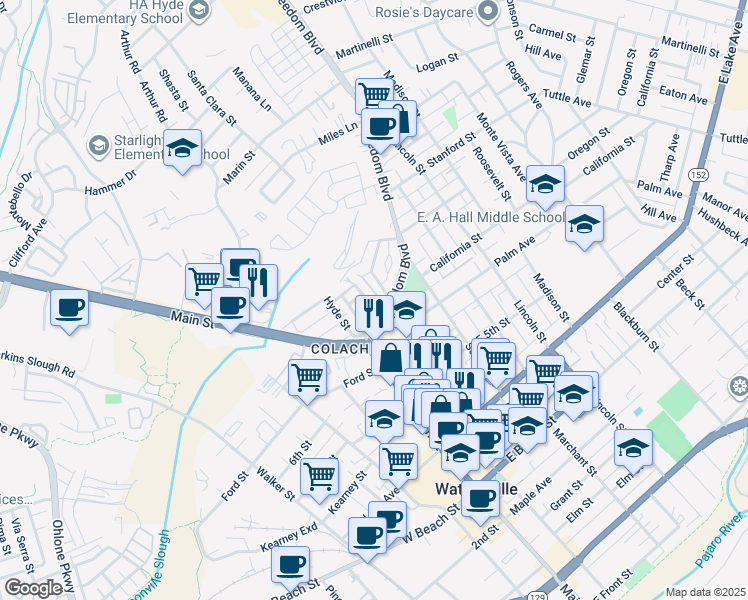 map of restaurants, bars, coffee shops, grocery stores, and more near 16 Eastern Drive in Watsonville