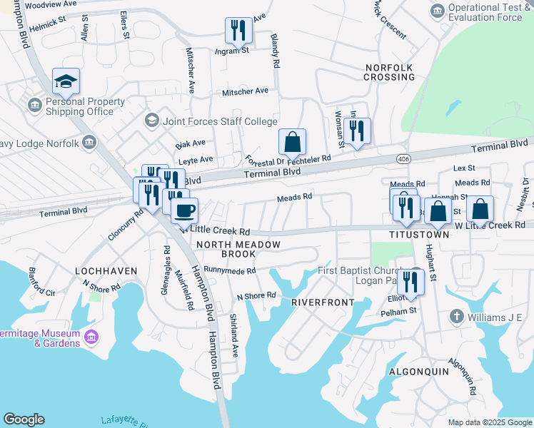 map of restaurants, bars, coffee shops, grocery stores, and more near 7708 Lambert Place in Norfolk