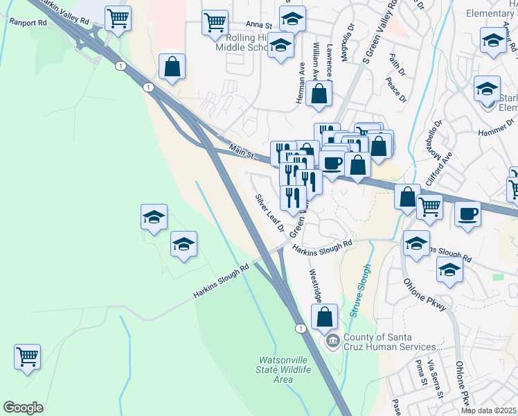 map of restaurants, bars, coffee shops, grocery stores, and more near 209 Silver Leaf Drive in Watsonville