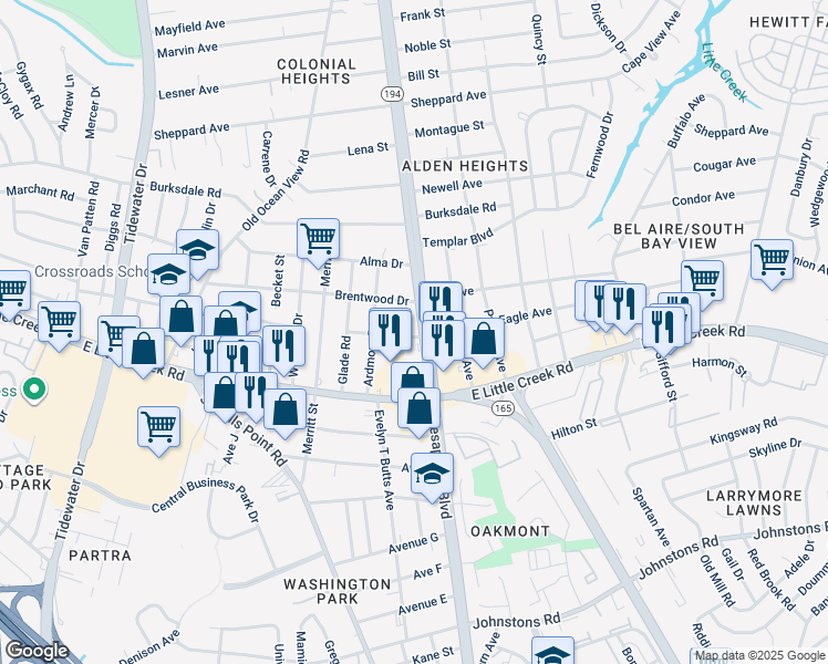 map of restaurants, bars, coffee shops, grocery stores, and more near 8003 Chesapeake Boulevard in Norfolk