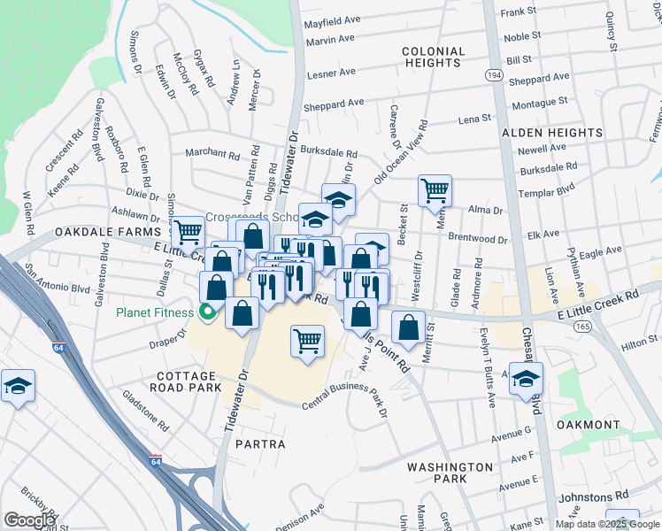 map of restaurants, bars, coffee shops, grocery stores, and more near 7924 Old Ocean View Road in Norfolk