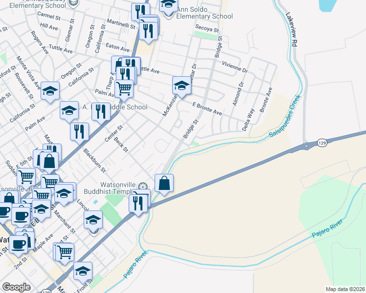 map of restaurants, bars, coffee shops, grocery stores, and more near 227 Hushbeck Avenue in Watsonville