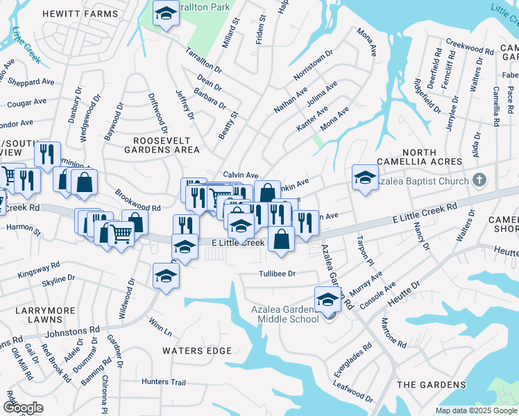 map of restaurants, bars, coffee shops, grocery stores, and more near 2337 Dominion Avenue in Norfolk