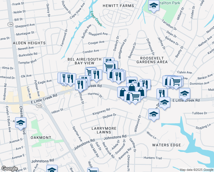 map of restaurants, bars, coffee shops, grocery stores, and more near 1731 East Little Creek Road in Norfolk
