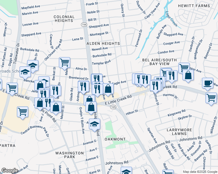 map of restaurants, bars, coffee shops, grocery stores, and more near 7936 Pythian Avenue in Norfolk
