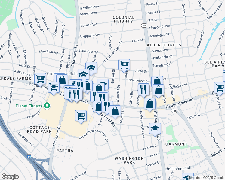 map of restaurants, bars, coffee shops, grocery stores, and more near 861 Bancker Road in Norfolk