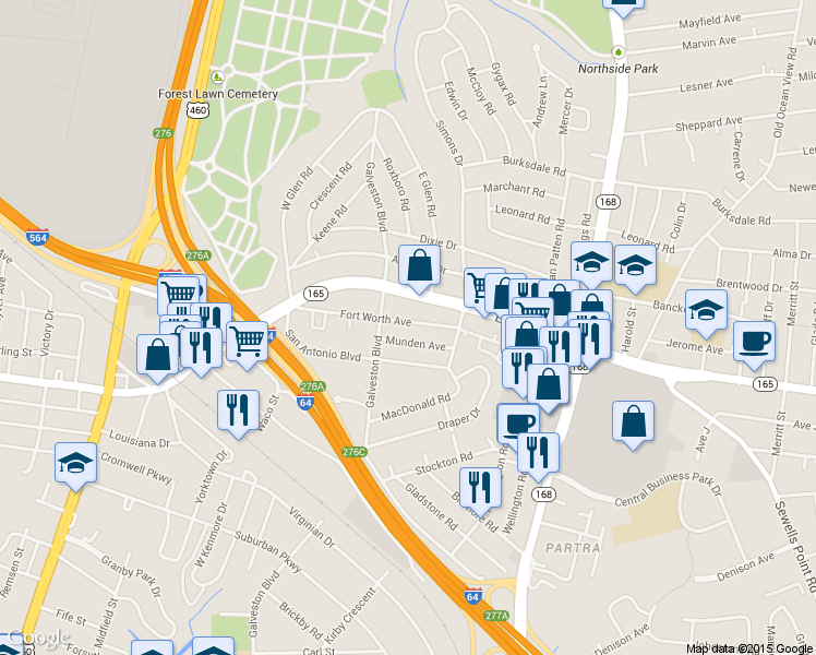 map of restaurants, bars, coffee shops, grocery stores, and more near 410 Munden Avenue in Norfolk