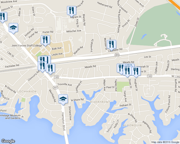 map of restaurants, bars, coffee shops, grocery stores, and more near 1440 West Little Creek Road in Norfolk