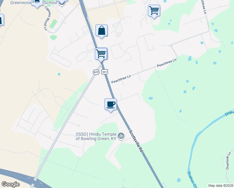 map of restaurants, bars, coffee shops, grocery stores, and more near 5800 Scottsville Road in Bowling Green