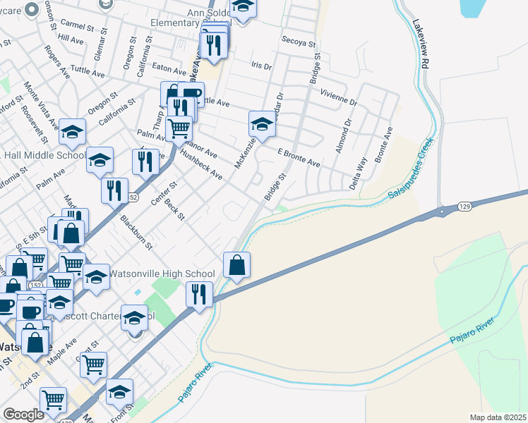 map of restaurants, bars, coffee shops, grocery stores, and more near 227 Hushbeck Avenue in Watsonville