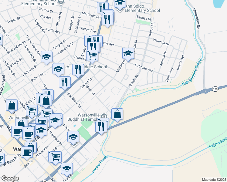 map of restaurants, bars, coffee shops, grocery stores, and more near 521 Argos Circle in Watsonville