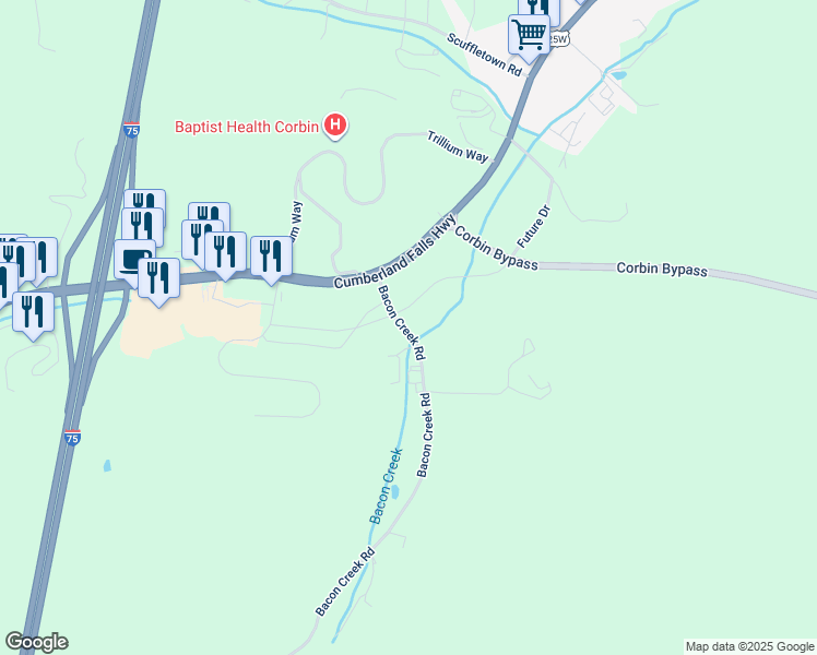 map of restaurants, bars, coffee shops, grocery stores, and more near 5 Bacon Creek Road in Corbin