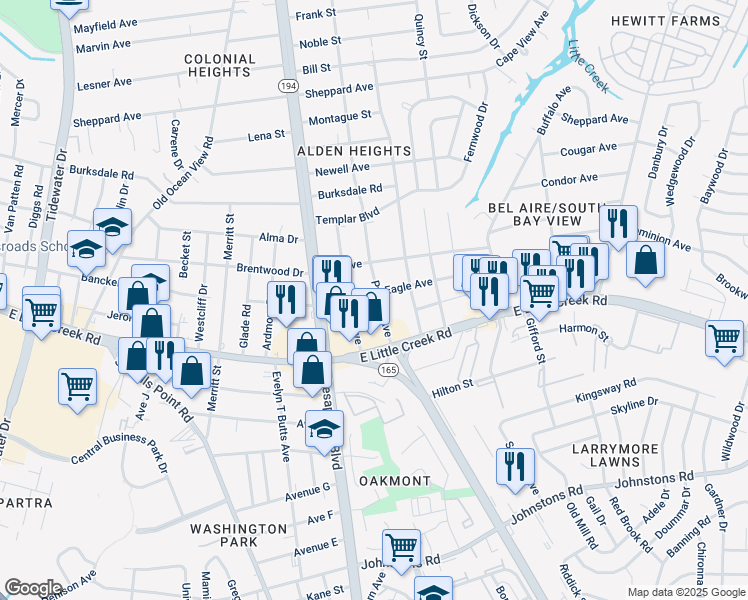 map of restaurants, bars, coffee shops, grocery stores, and more near 7936 Pythian Avenue in Norfolk