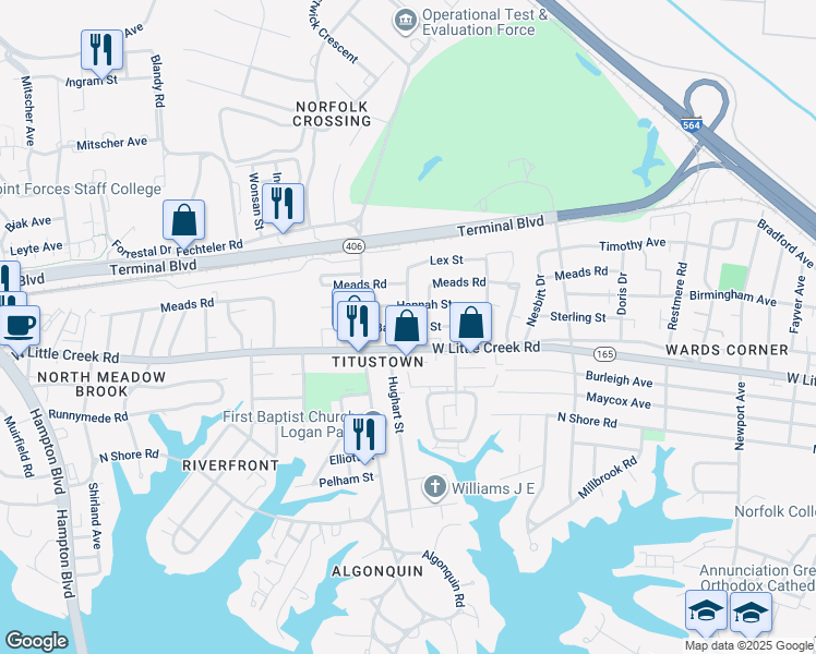 map of restaurants, bars, coffee shops, grocery stores, and more near 7721 Mount Pleasant Avenue in Norfolk