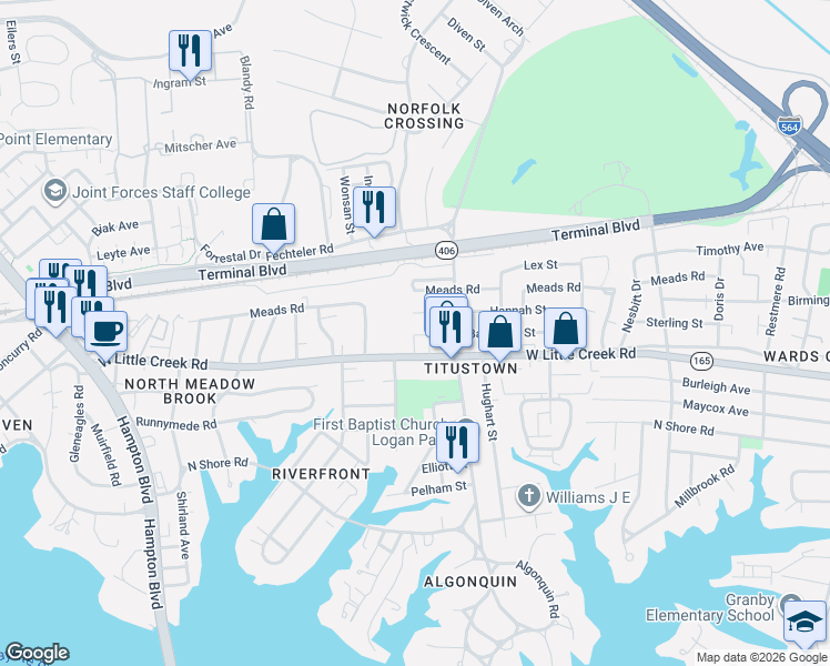 map of restaurants, bars, coffee shops, grocery stores, and more near 1226 West Little Creek Road in Norfolk