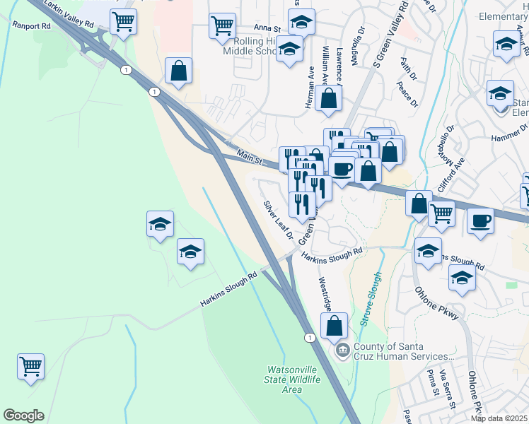 map of restaurants, bars, coffee shops, grocery stores, and more near 209 Silver Leaf Drive in Watsonville