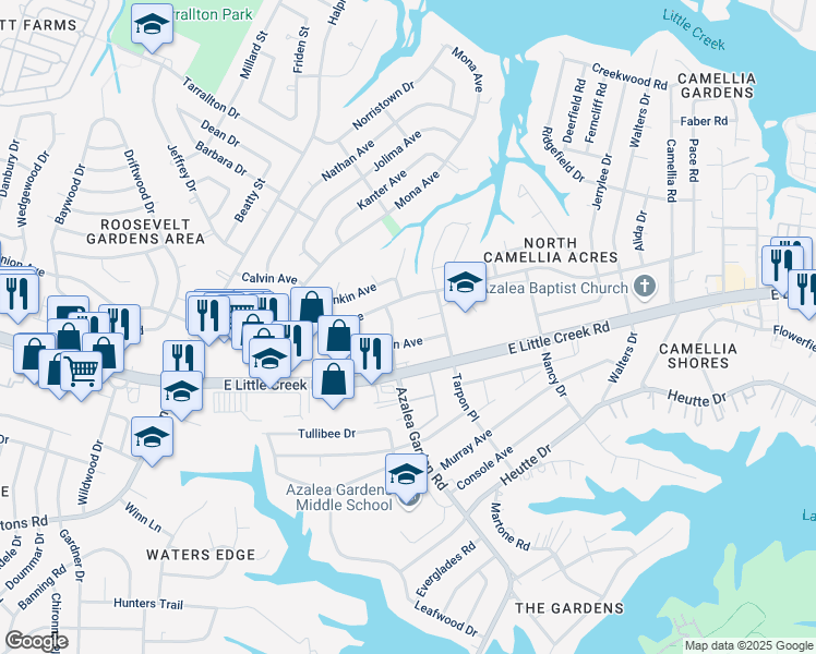 map of restaurants, bars, coffee shops, grocery stores, and more near 2500 Malden Avenue in Norfolk