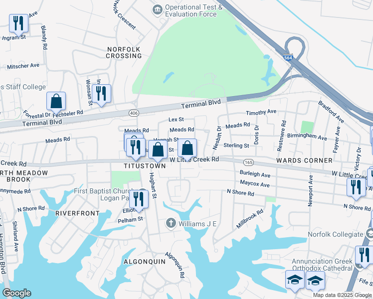 map of restaurants, bars, coffee shops, grocery stores, and more near in Norfolk