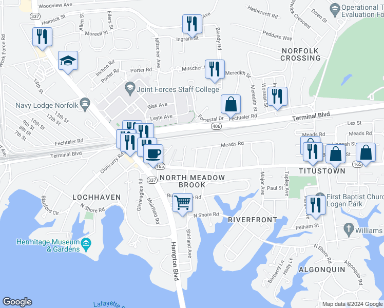 map of restaurants, bars, coffee shops, grocery stores, and more near 1600 West Little Creek Road in Norfolk