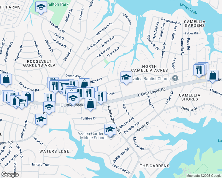 map of restaurants, bars, coffee shops, grocery stores, and more near 2500 Malden Avenue in Norfolk