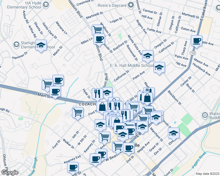 map of restaurants, bars, coffee shops, grocery stores, and more near 225 Sudden Street in Watsonville