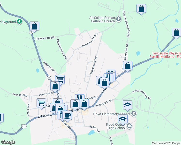 map of restaurants, bars, coffee shops, grocery stores, and more near 227 Newtown Road Northeast in Floyd