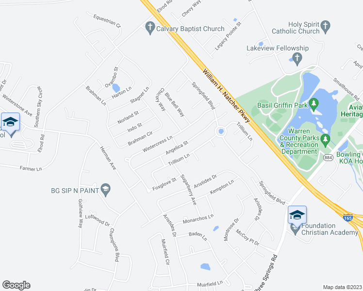map of restaurants, bars, coffee shops, grocery stores, and more near Angelica Street in Bowling Green