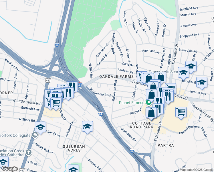 map of restaurants, bars, coffee shops, grocery stores, and more near 357 Fort Worth Avenue in Norfolk