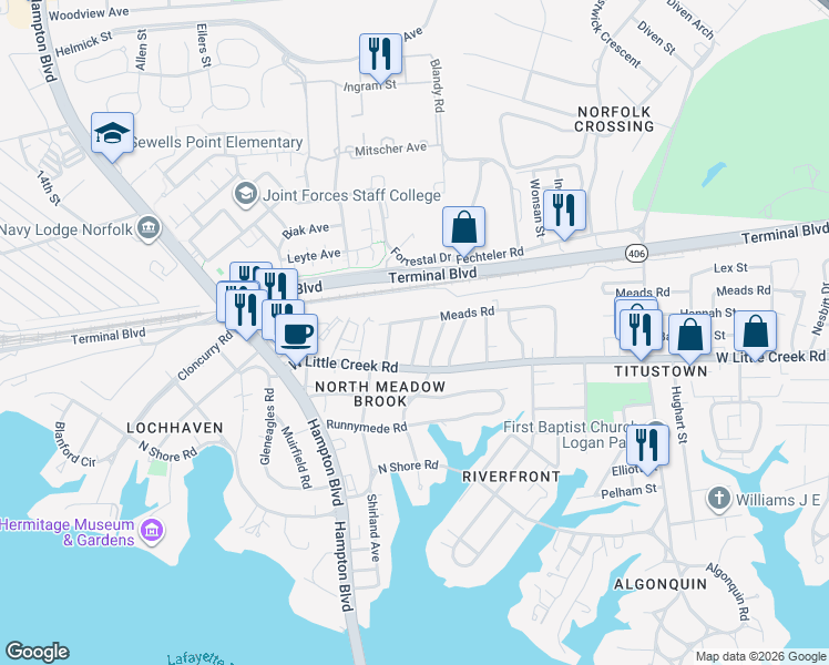map of restaurants, bars, coffee shops, grocery stores, and more near 7705 Lambert Place in Norfolk