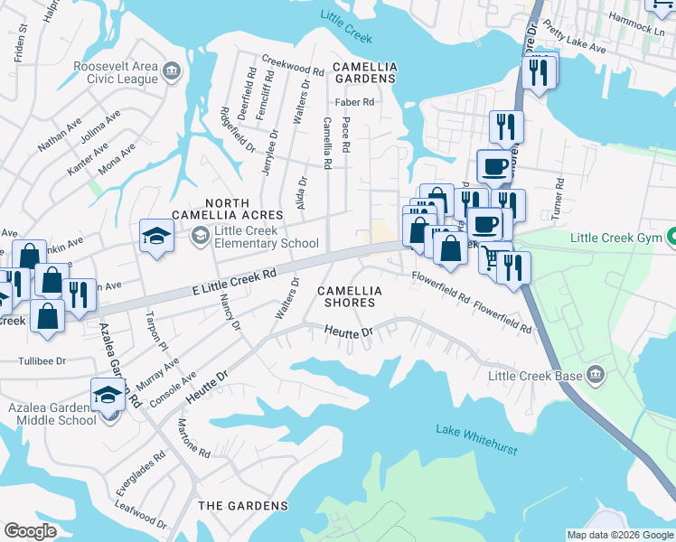 map of restaurants, bars, coffee shops, grocery stores, and more near 7823 Flowerfield Road in Norfolk