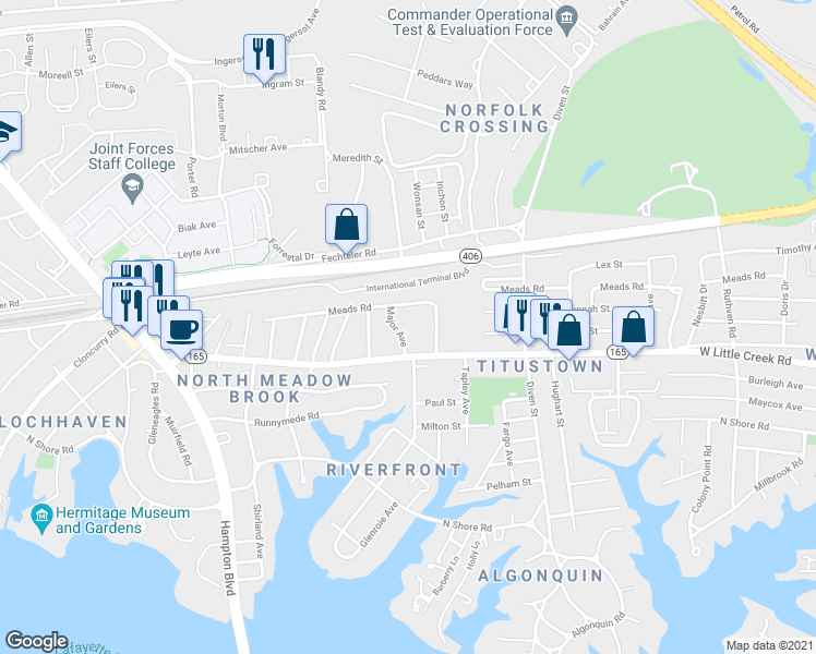 map of restaurants, bars, coffee shops, grocery stores, and more near 7718 Major Avenue in Norfolk