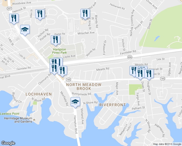 map of restaurants, bars, coffee shops, grocery stores, and more near 7705 Lambert Place in Norfolk