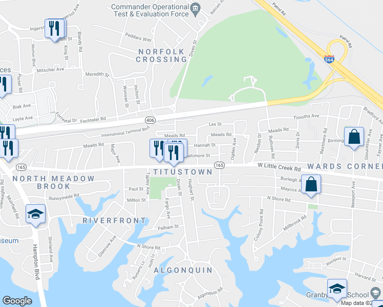 map of restaurants, bars, coffee shops, grocery stores, and more near 1012 Baltimore Street in Norfolk