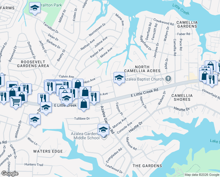 map of restaurants, bars, coffee shops, grocery stores, and more near 2521 Malden Avenue in Norfolk