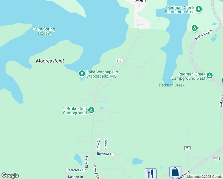 map of restaurants, bars, coffee shops, grocery stores, and more near 28 Oak Drive in Wappapello